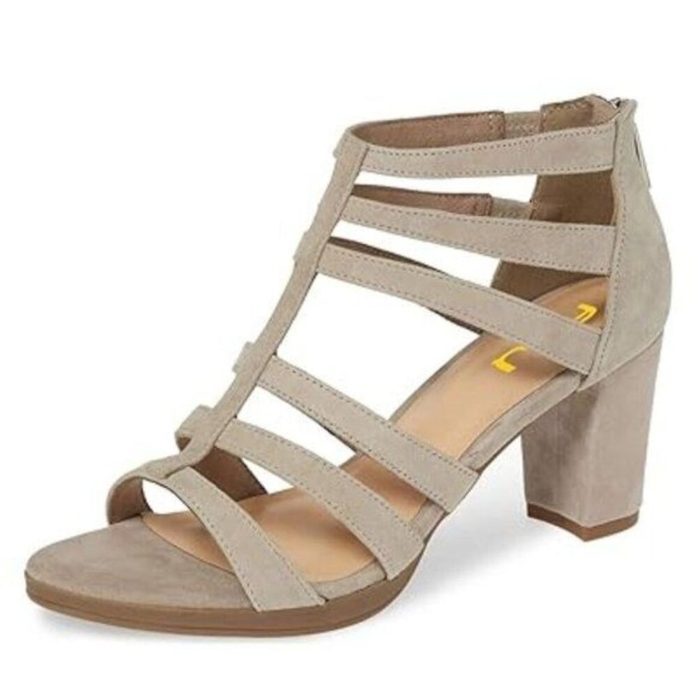 FSJ Grey Chunky Mid High Heel Sandals Open Toe Pumps Cutout Shoes